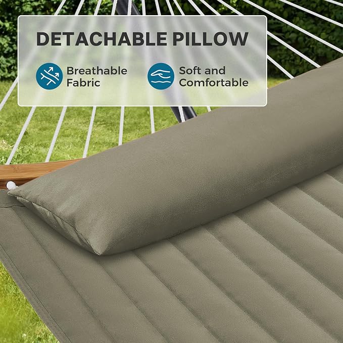 SUPERJARE Curved-Bar Hammock with Stand, 2 Person Heavy Duty Hammock Frame, Detachable Pillow & Portable Carrying Bag, Perfect for Outdoor & Indoor, Olive Gray - Image 4