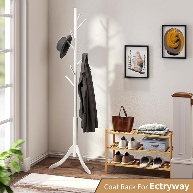 Coat Rack Freestanding, Coat Stands Entryway, Bamboo Coat Rack Hat Hanger 8 Hook for Jacket, Purse, Scarf Rack, Umbrella Tree Stand (White) - Image 6