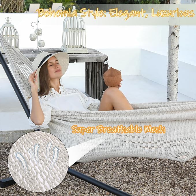 ZEAN Handwoven Hammock by Thick Cotton Rope XXL Two Person Hammock for Outside, Patio Backyard Garden 550LB Capacity - Image 2