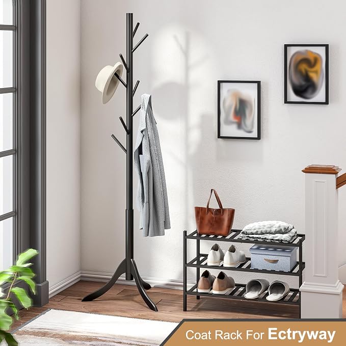 Coat Rack Freestanding, Coat Stands Entryway, Bamboo Coat Rack Hat Hanger 8 Hook for Jacket, Purse, Scarf Rack, Umbrella Tree Stand (Black) - Image 5