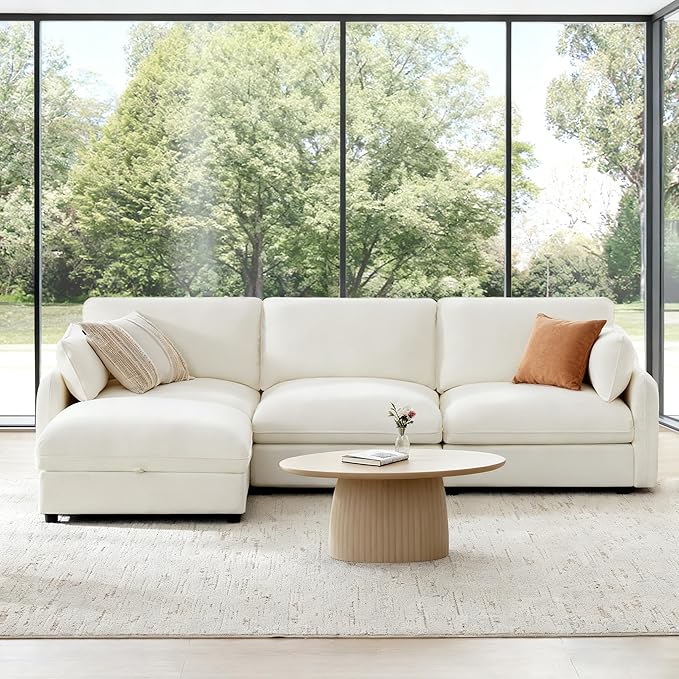 113" Cloud Sectional Couches for Living Room,L Shaped Oversized Modular Modern Linen Sofa with 1 Movable Ottoman,4 Deep Seat with 2 Throw Pillows,Warm White
