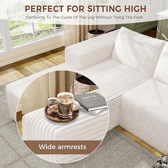 106" Boneless Couches for Living Room, Modular Sectional Sofa, L-Shape Sofa Couches,Cloud Couch Sectional, Comfy Corduroy Sofa, with Deep Seat, No Assembly Required (White, 108"+Right Facing Chaise)
