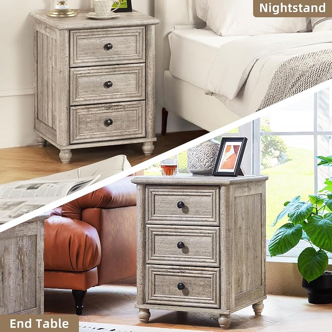 RWYHG 18" Farmhouse Night Stand Set of 2, Gray Wood Nightstand with 3 Drawers, Bedside End Table with Storage and Roman Column, Bed Side Tables Cabinet for Bedroom, Living Room, and Closet - Image 6