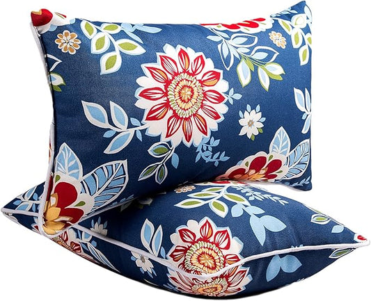 JMGBird Water-Resistant Outdoor Pillows Set of 2, 12x20 inch Durable Red Flowers Blue Background Throw Pillows with Inserts for Patio Furniture