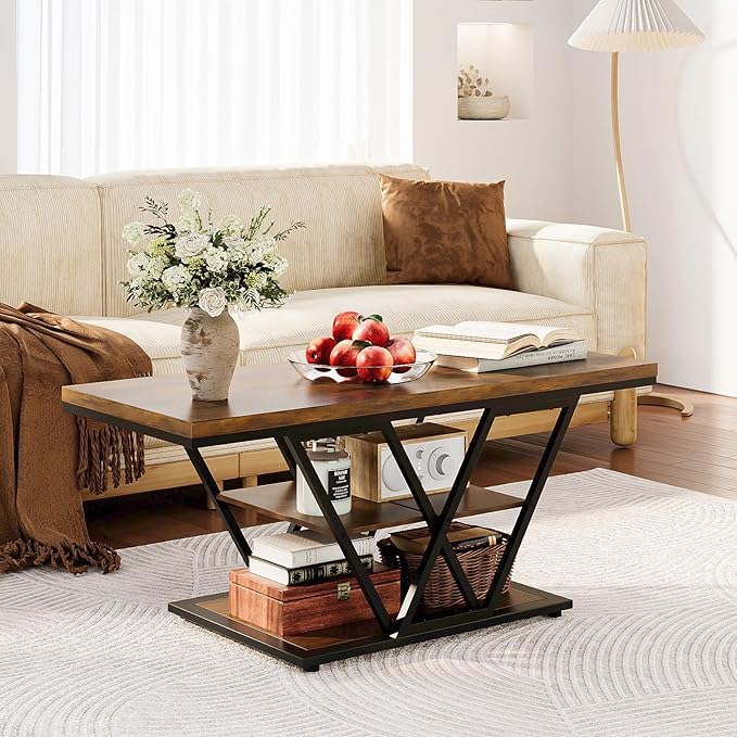 Coffee Table with Storage Industrial 3 Tier Center Living Room Table Farmhouse Wooden Rectangle Cocktail Rustic Tea Table for Office Bedroom(Brown)