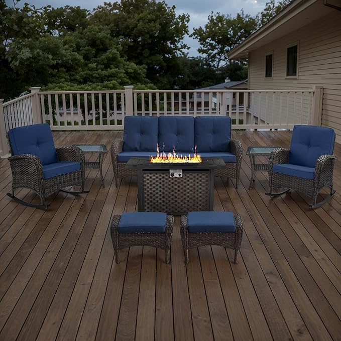Belord Patio Furniture Set with Fire Pit Table - 8 Piece Outdoor Wicker Furniture Set with 43" 50000 BTU Propane Fire Pit and Rocking Chairs Patio Conversation Set for Deck Outside Backyard