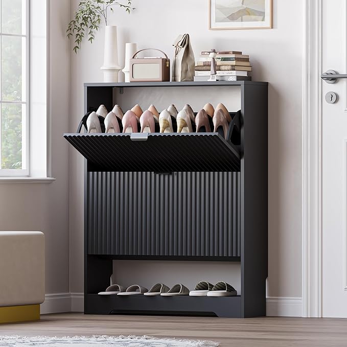 BORNOON Shoe Cabinet with 2 Flip Drawers, Fluted Shoe Storage Cabinet with Adjustable Shelves, Freestanding Rack and Organizer for Entryway, Closet, Hallway by BORNOON