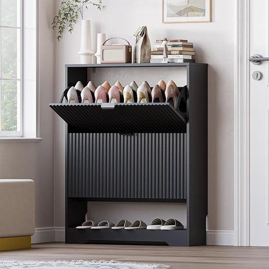 BORNOON Shoe Cabinet with 2 Flip Drawers, Fluted Shoe Storage Cabinet with Adjustable Shelves, Freestanding Rack and Organizer for Entryway, Closet, Hallway by BORNOON