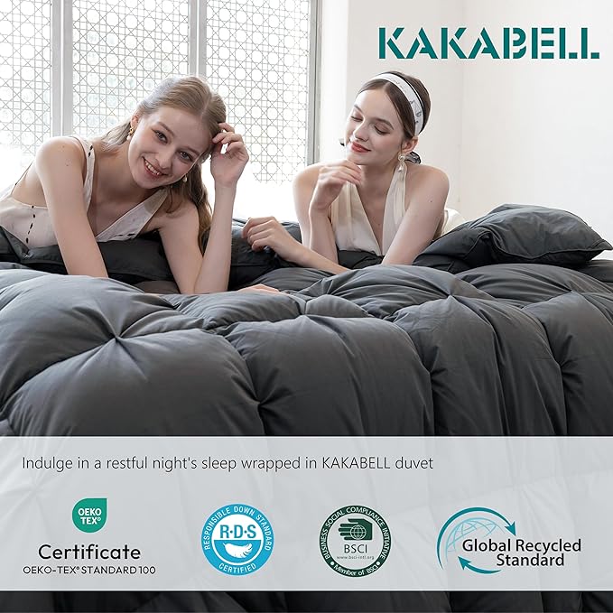 KAKABELL Pinch Pleat Goose Down Feathers Fiber Comforter King Size All Season-Ultra Soft and Cozy Noiseless Duvet Insert with Egyptian Cotton Blend Cover,Fluffy Warm Comforter Insert(Grey,90"X106")