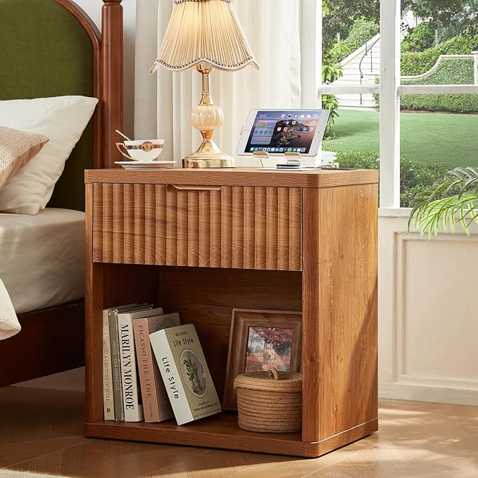 LEYAOYAO Fluted Farmhouse Nightstand Set of 2 with Charging Station, 23" Wide 1 Drawers Night Stand,Brown Dresser for Bedroom,Bed Side Table Chest of Drawers,Wood End Table for Living Room - Image 4