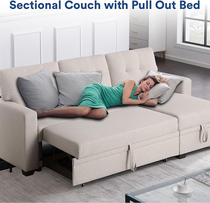 Rovibek 4-in-1 Convertible Sleeper Sofa Bed with Pull Out Bed - L Shaped Couch with Reversible Chaise & Storage, Space-Saving Hidabed for Living Room, Bedroom, Dorm, Office