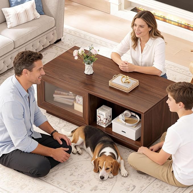 HSH Coffee Table for Living Room, Long Rectangle Coffee Table with Storage, Farmhouse Wood Low Coffee Tables, 2-Tier Wood Desktop Center Tea Table with Open Shelf, Walnut