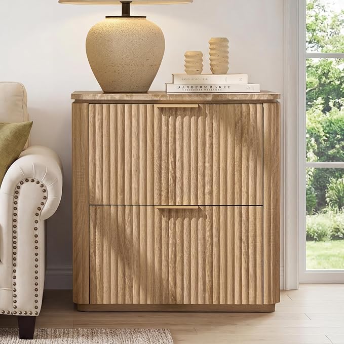 Fluted Night Stand, 23"W Nightstand with 2 Drawers, Wood Bed Side Table with Faux Marble-Top, Curved Profile Design, Metal Handle, Modern Bedside Table for Bedroom, Living Room End Table, Natural Oak - Image 2