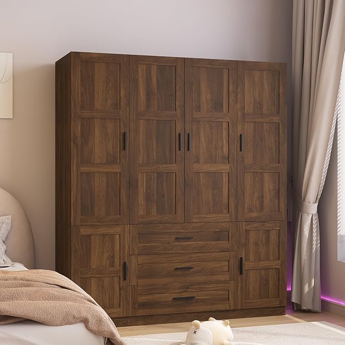 6 Doors Armoire Wardrobe Closet with 3 Big Drawers, 70.8" H Wooden Bedroom Armoires with Shelves and Hanging Rods, Freestanding Clothes Closet Wardrobe Cabinet for Bedroom, Guest Room, Brown
