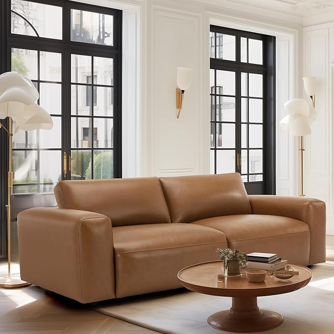 COLAMY PU Leather Sofa Couch, 95" Oversized Sofa Loveseat for Living Room, Comfy Love Seat Couch with Extra Deep Seats, Wide Arm, Down Filled 3-Seater Modern Sofa for Apartment/Lounge/Bedroom-Brown