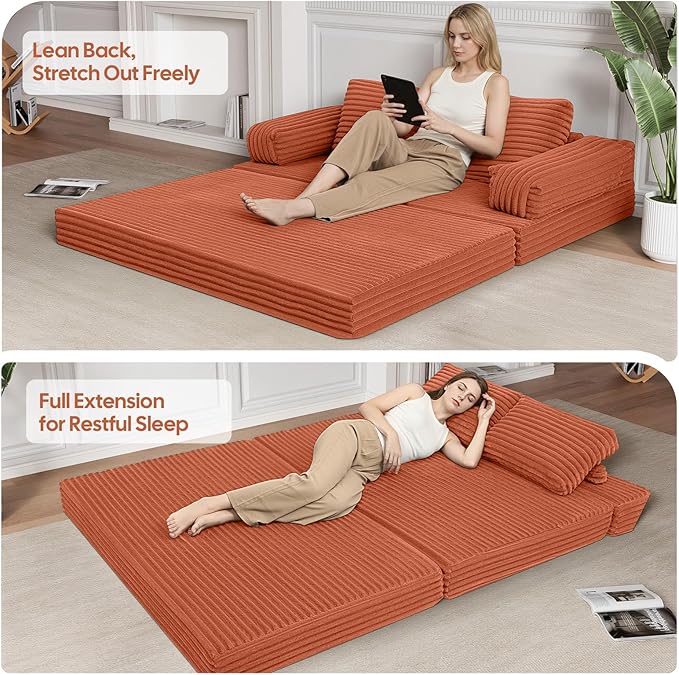 MeMoreCool Convertible Sofa Bed, Folding Floor Couch Bed Queen, Pull Out Sleeper Couch with Pillows, Fold Out Futon Sofa for Bedroom Living Room Small Space, Corduroy Orange