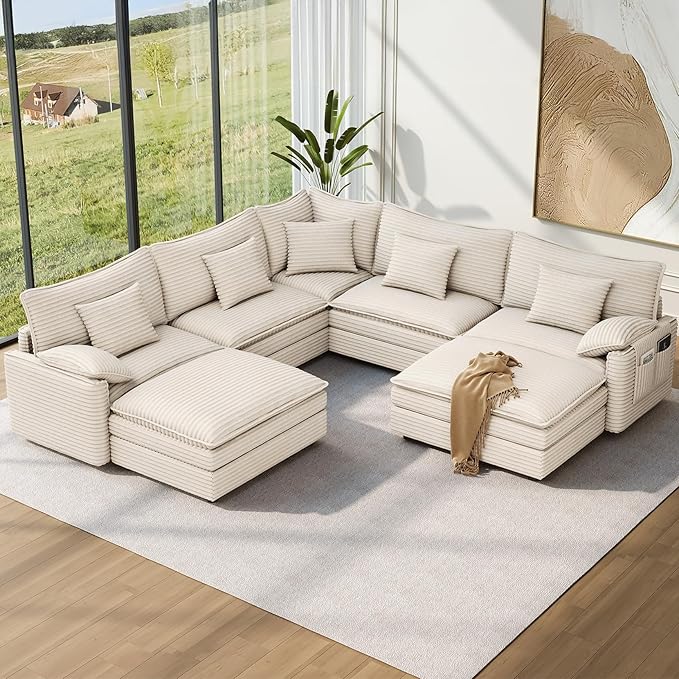 Vesgantti 101" V-Shaped Corner Couch Sectional, 7 Seat Customizable Modular Cloud Couches with Movable Ottoman, Corduroy Deep Seat Sofa Set with Chaise for Living Room, Bedroom and Apartment, Beige