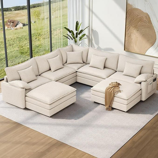 Vesgantti 101" V-Shaped Corner Couch Sectional, 7 Seat Customizable Modular Cloud Couches with Movable Ottoman, Corduroy Deep Seat Sofa Set with Chaise for Living Room, Bedroom and Apartment, Beige