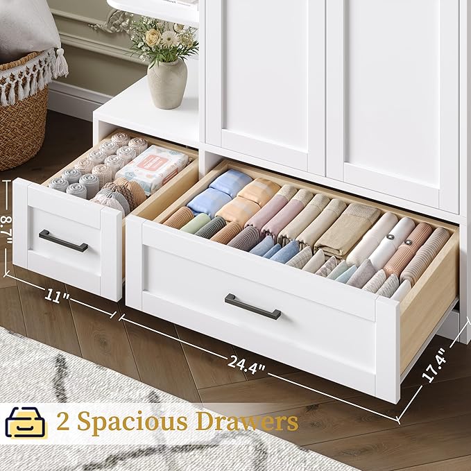 DynJest Armoire Wardrobe Closet with 2 Drawers, 70" Tall Clothing Storage Cabinet with Hanging Rod, 3 Open Shelves & 5 Hooks, 2 Doors Large Capacity Wooden Wardrobe Cabinet for Bedroom, White