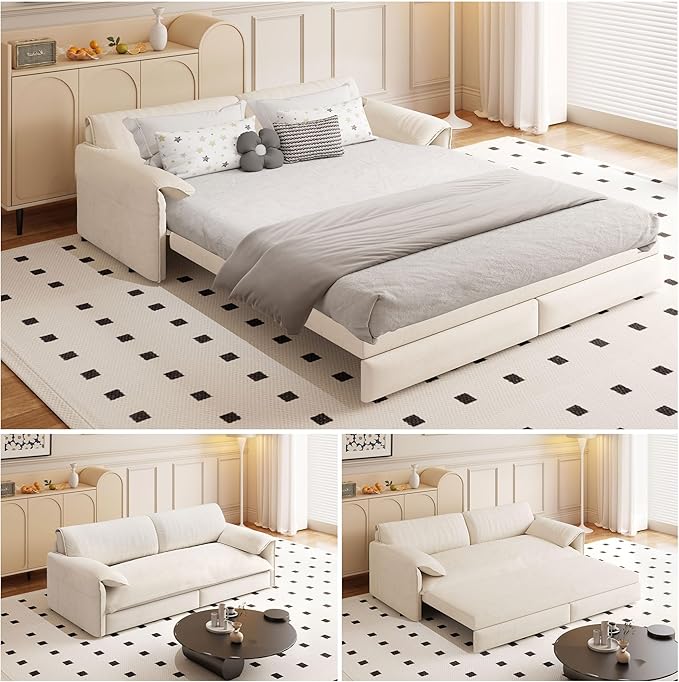 66" Queen Size Pull Out Sofa Bed, 3-in-1 Convertible Sleeper with Side Storage and Wheels, Velvet Loveseat for Living Room, Apartment, Bedroom, Beige (Mattress & Bedding Not Included)