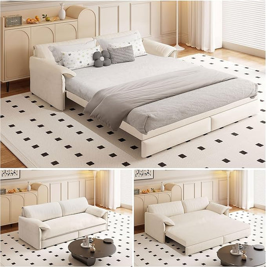 66" Queen Size Pull Out Sofa Bed, 3-in-1 Convertible Sleeper with Side Storage and Wheels, Velvet Loveseat for Living Room, Apartment, Bedroom, Beige (Mattress & Bedding Not Included)