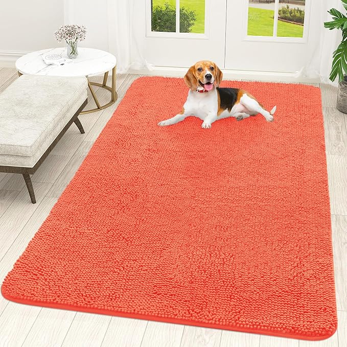OLANLY Dog Door Mat for Muddy Paws 70x46, Absorbs Moisture and Dirt, Absorbent Non-Slip Washable Doormat, Quick Dry Chenille Mud Mat for Dogs, Entry Indoor Entryway Carpet for Inside Floor, Coral by OLANLY