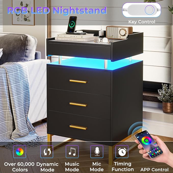 BTHFST LED Nightstand with Charging Station, Night Stand with 3 Drawers and 1 Pull-Out Tray, End Side Table with Storage, Bedside Table with LED Lights & Metal Legs, Black and Gold - Image 6