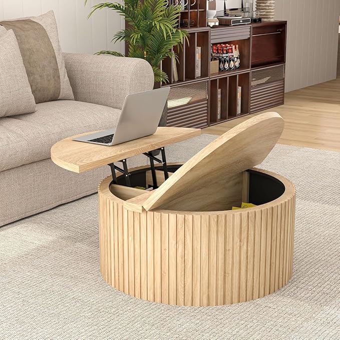 Fluted Lift Top Coffee Table with Hidden Storage, 31.6 Inch Round Coffee Tables for Living Room, Circle Wood Center Tables for Home (Wood Color)