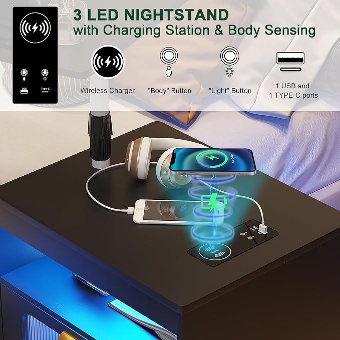 HNEBC LED Nightstand Set of 2 with Charging Station & Adjustable Overbed Desk, 3 Color LED Lights & Body Sensor, Mobile Bedside Table with Wheels, 2 Drawers & Open Shelf for Bedroom (Black) - Image 5