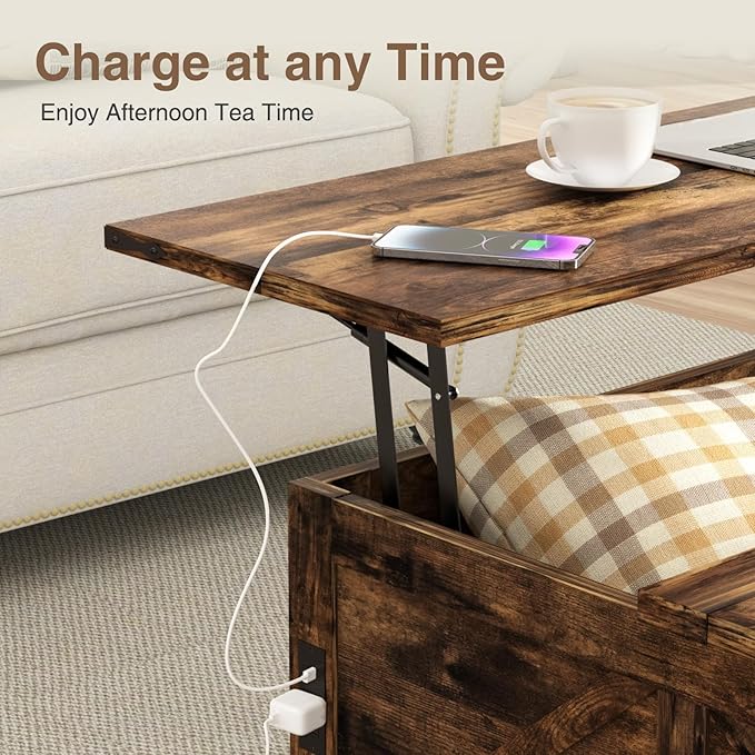 Coffee Table with Hidden Storage, 35.4" W Farmhouse Lift Top Wood Square Center Table with Charging Station, Rustic Cocktail Tables with Flip Top Lids for Living Room, Home Office, Rustic Brown
