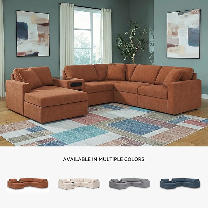 Signature Design by Ashley Modern Modmax Stain Resistant U-Shape Right-Arm Facing 6-Piece Sectional with Audio System and Chaise, Orange