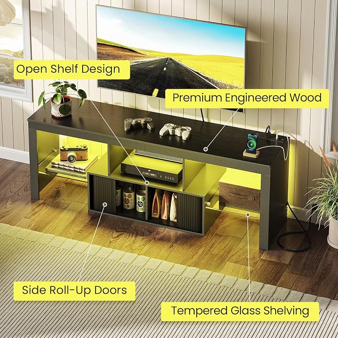 CHOEZON TV Stand with Power Outlet, Modern TV Cabinet for 55 60 inch TVs, Media TV Console with LED Light Strip, Media Entertainment Center with Storage, for Living Room, Bedroom, Black MDS02UDBB - Image 6