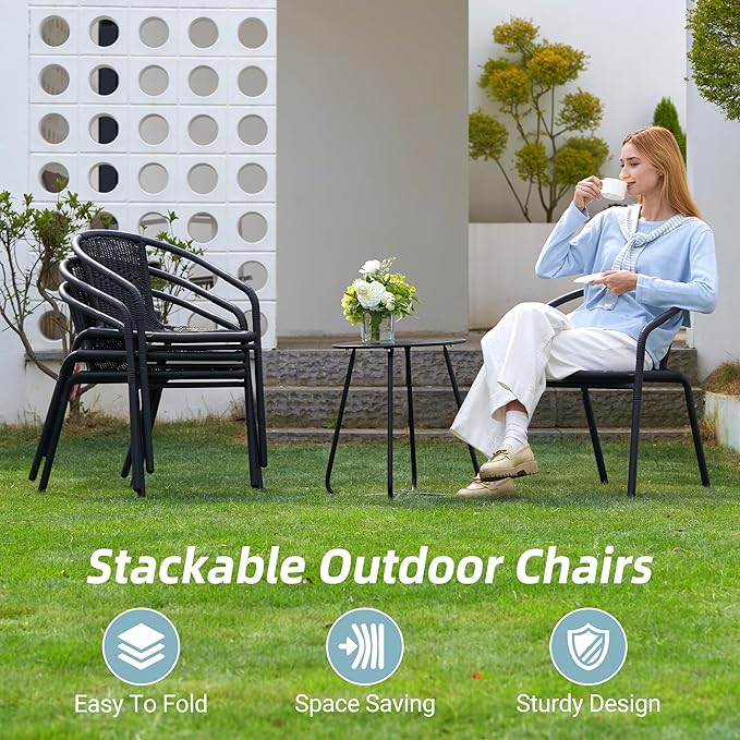 Amopatio Outdoor Dining Chairs Set of 4, Stackable Patio Chairs, Rattan Wicker Patio Chairs Set of 4, for Porch, Deck, Garden, Yard, Poolside, Bistro, Restaurant, Black - Image 4