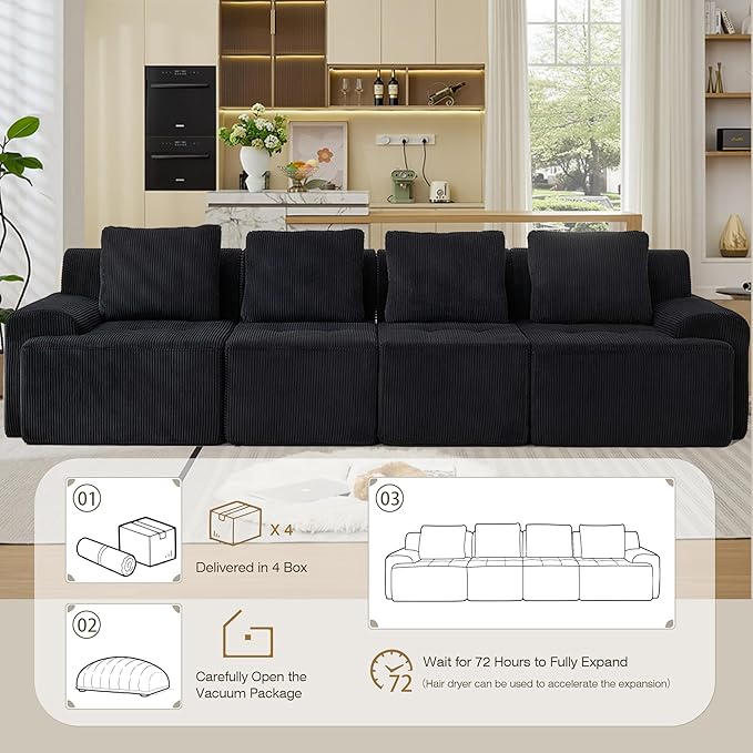 Modular Sectional Sofa, 6 Seat Modular Couch, Modular Sofa with Deep Seat and Detachable Pillow (Black, 4 Pieces-Rowshape)