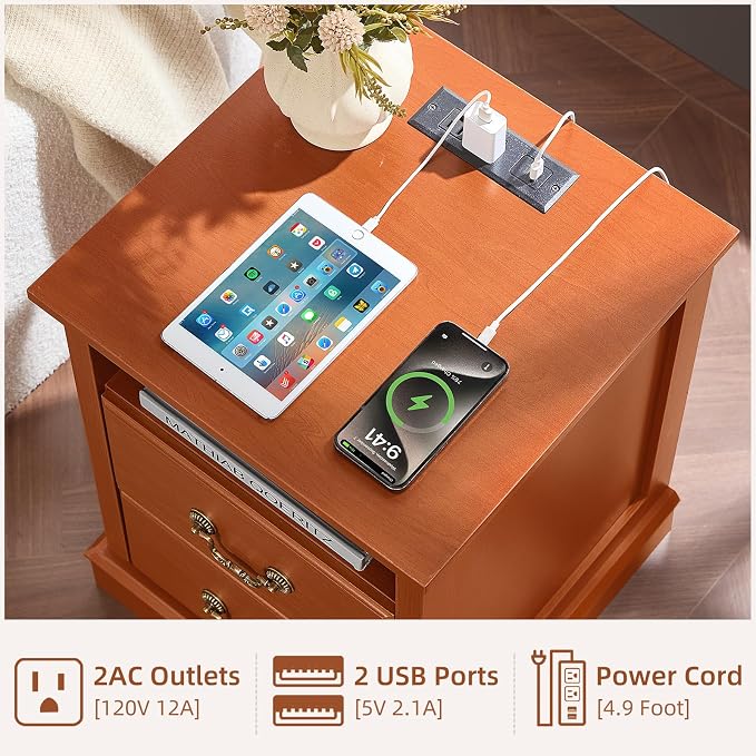 18" Farmhouse Nightstand Set of 2 with Charging Station,Rustic Night Stand, 2 Drawers Bedside Table,End Tables Bedroom with Vintage Handles,Caramel - Image 3