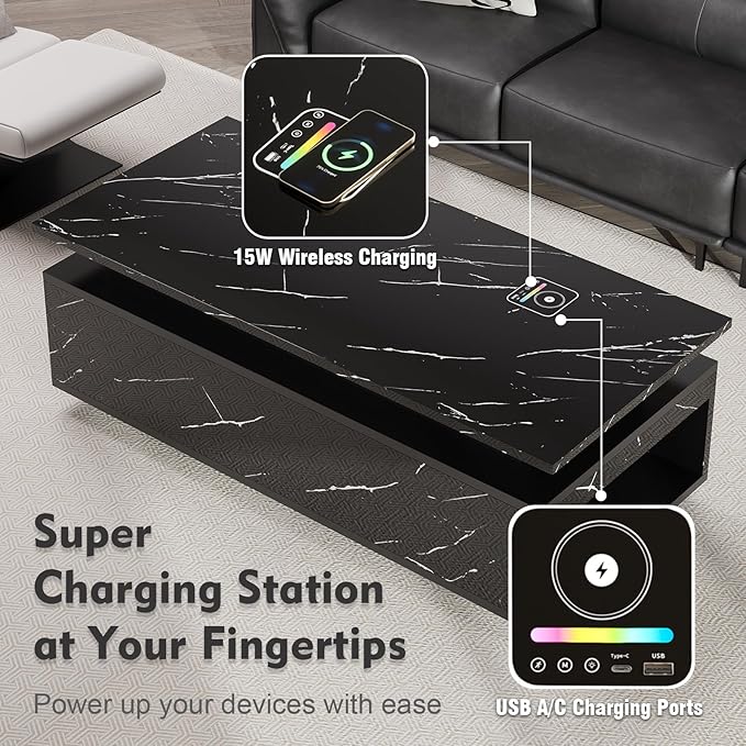 47" Modern LED Coffee Table with Wireless Charging, Bluetooth Speaker, and USB Ports, High Glossy Marble Coffee Table with Large Open 2-Tier Storage and Shelves for Living Room - Black