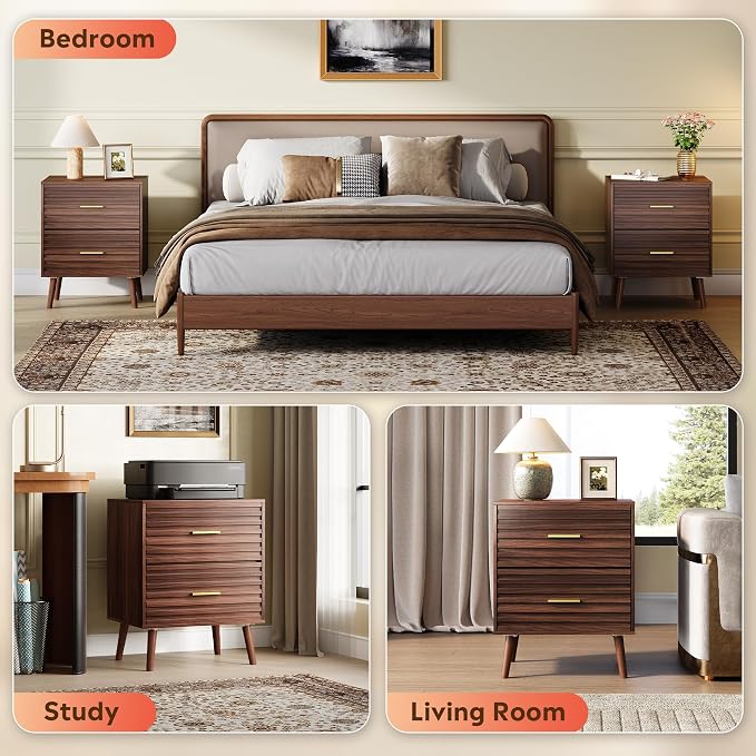 WLIVE Mid Century Modern Nightstand, Fluted Wood Bedside Table with Two Drawers, Brown Night Stand for Bedroom - Image 7