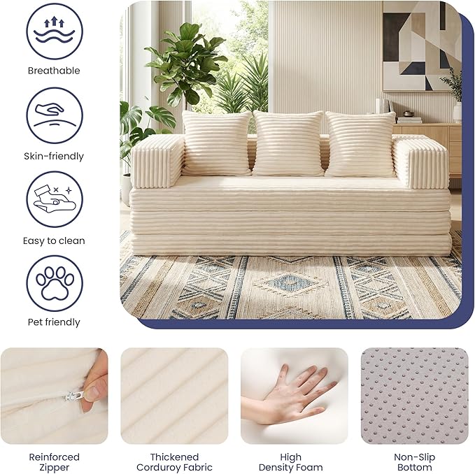 Convertible Sofa Bed Couch, 78’’ Oversized 4-in-1 Boneless Couches with Removable Armrests Backrest, Corduroy Futon Sofa Bed, Foldable Mattress Sleeper Sofa for Living Room Bedroom (Beige)