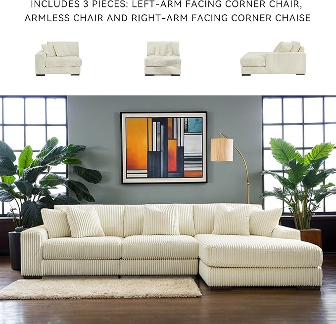 Signature Design by Ashley Lindyn Coastal Right-Arm Facing 3-Piece Sectional with Chaise, Reversible Cushions and 5 Throw Pillows, White