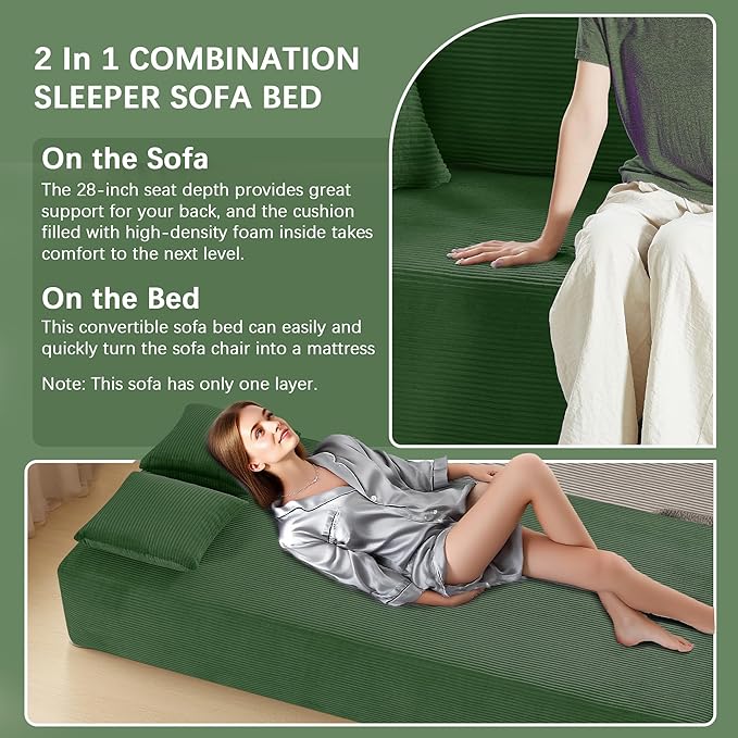 83" Modern Sofa in a Box, No Assembly Oversized 3 Seater 28" Deep Seat Cloud Sofa Bed Couch with 4 Furry Pillows & Corduroy Fabric, Boneless Couch with Side Storage Pockets for Living Room, Green