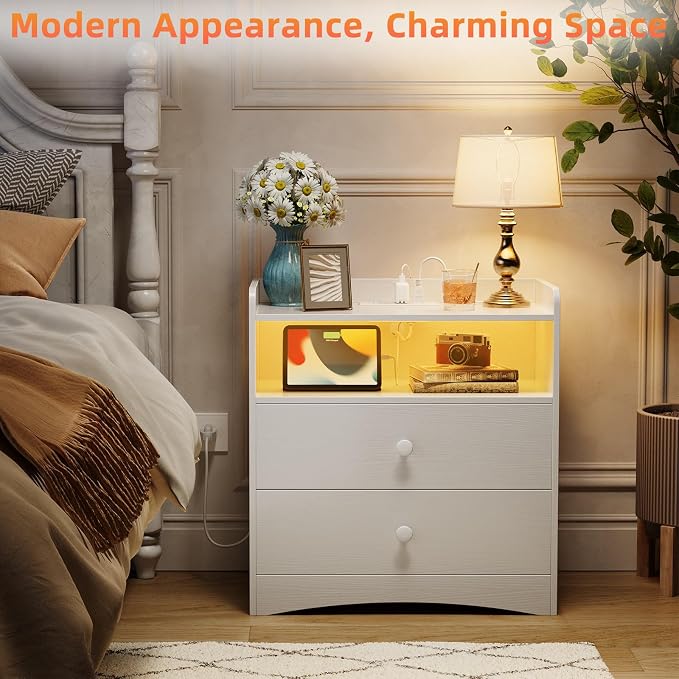 Memobarco Nightstand with Charging Station and LED Light,Modern Nightstand with USB Ports and Outlets,Wood Bedside Tables with 2 Storage Drawers,Small Dresser for Bedroom Small Space,White - Image 5