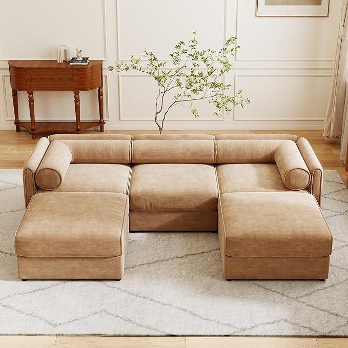 KEIKI 109" U-Shaped Modular Chenille Sectional Sofa with Storage Seat, 2 Ottoman, Modern Style 3-Seater Couch with Cylindrical Backrest and Armrests, Easy Assembly, for Apartment, Living Room, Camel