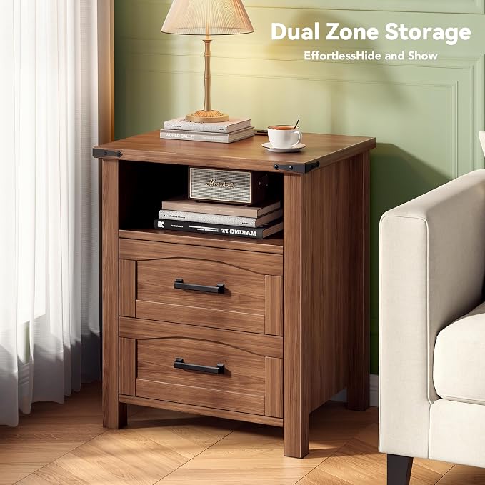 Decofy Farmhouse Nightstand Set of 2 with Charging Station, 18'' Wide Rustic End Table with USB/Type-C Ports, 2 Drawers & Open Shelf, Wood Bedside Table for Bedroom, Walnut - Image 6