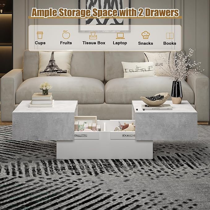 Modern Coffee Table with Storage for Living Room, Living Room Table Rectangular Center Tables, Sliding Top with Hidden Storage, Wooden Cocktail Table for Dining Reception Room, Grey