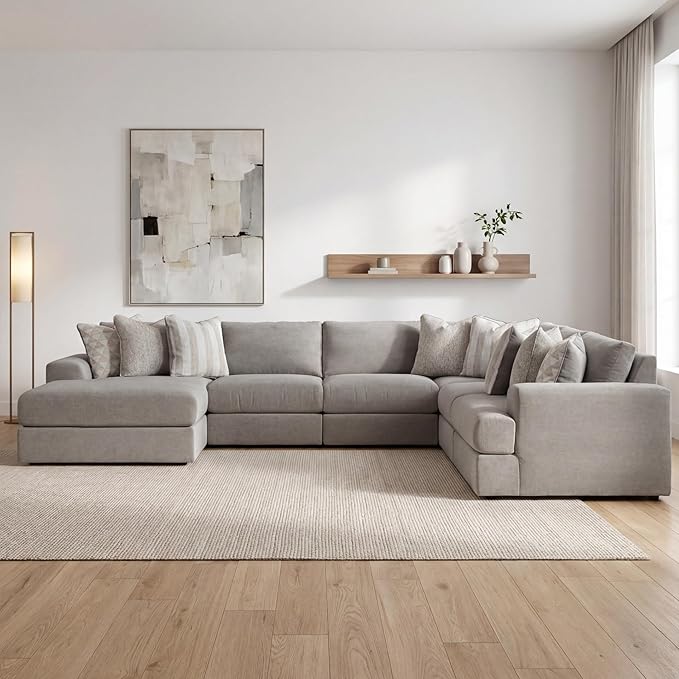 Signature Design by Ashley Avaliyah Contemporary Right-Arm Facing 6-Piece Sectional with Armrest, Throw Pillows and Reversible Cushions, Gray