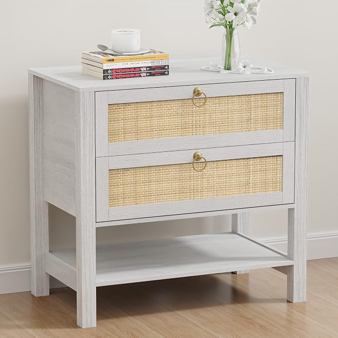 Rattan Nightstand with 2 Drawers and Storage Shelf, 26” Tall Boho Night Stand, Wood Large Bedside Table with Golden Handle for Bedroom, Side Table, White and Oak with Grey Wood Texture by HOCAT