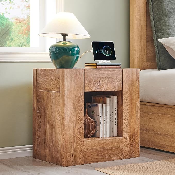 OKD 24" Modern Nightstands Set of 2, Large Wooden Night Stand with Charging Station & Drawer, Side Table Bedroom with Storage Shelf, Rustic End Table, Wood Thick Design, Light Tree Knot - Image 2