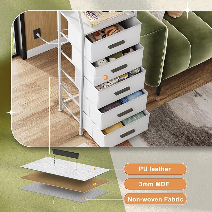 Nightstand 5 Drawer Dresser with Charging Station, Side Table with Fabric Drawers, End Table with Open Shelf, Tall Dresser for Bedroom, Hallway, Entryway - Image 7