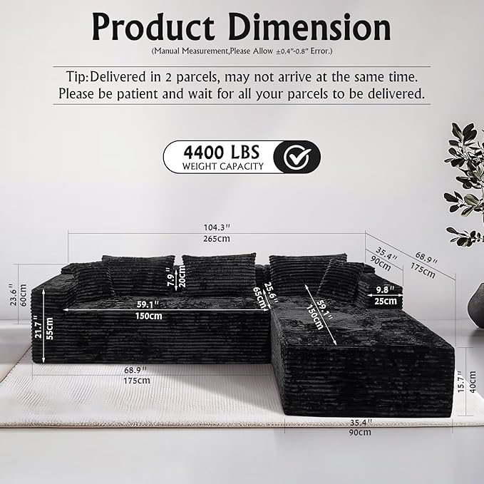 Black sectional couches for Living Room Corduroy Couch，104" Cloud Sectional Couch with L-Shape Chaise， Modern Modular Sofa, Deep Seat Comfort, No Assembly Required(Plush Corduroy Fabric)