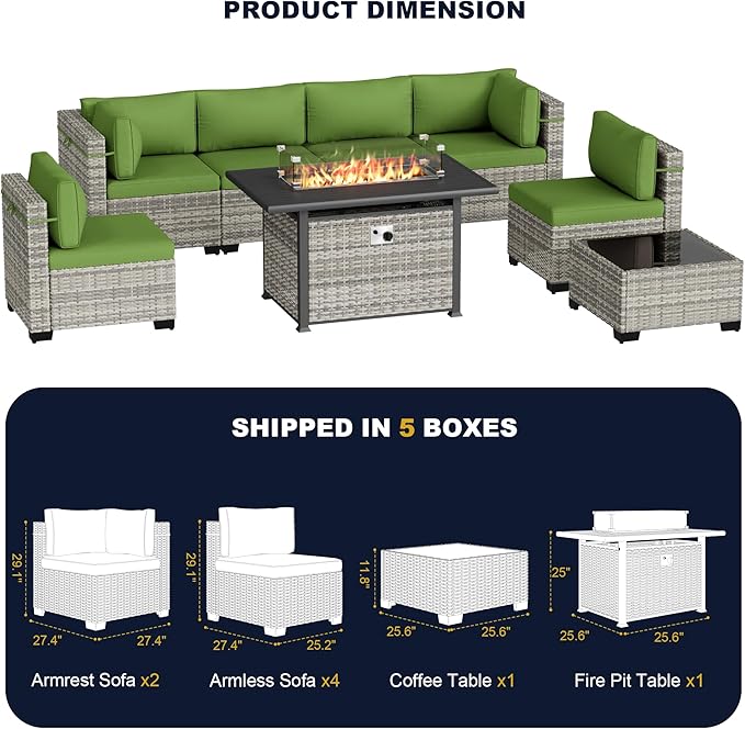 8-Piece Outdoor Patio Furniture Set with 55,000 BTU Fire Pit Table, PE Wicker Rattan Sectional Sofa Conversation Set - All-Weather Garden, Backyard Furniture, Avocado Green
